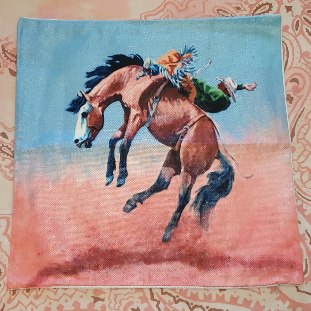 Cowboy Pillow Cover. Horse Pillow. Bronc Rider - Picture 2 of 10
